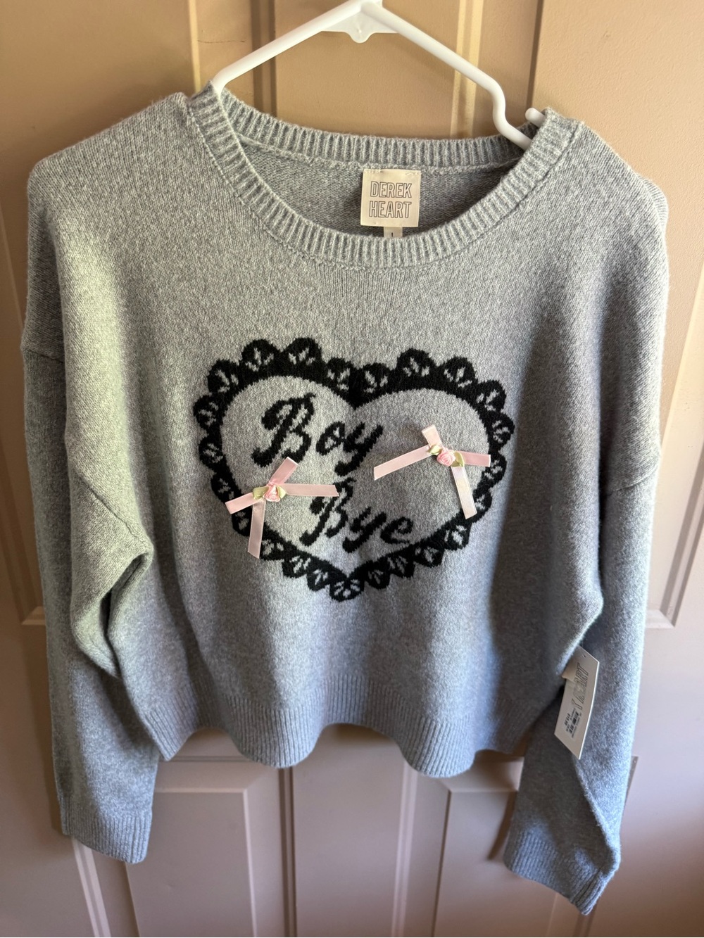 Derek Heart Light Gray Crewneck Sweater with Black Heart & Pink Bows